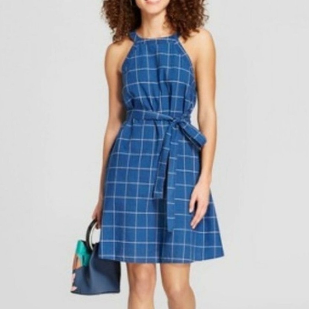 a new day • high neck checkered blue dress with belt